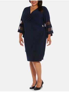Women’s Formal Dress 16W Navy Blue R&M Richards Wrap Bell Long Sleeve Gown NWT